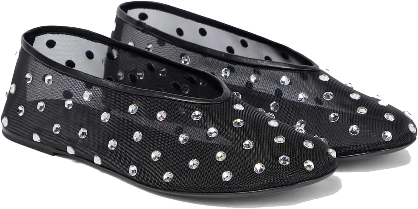 Women's Mesh Ballet Flat Shoes with Glitter Rhinestone Crystal Ballerina Flats Closed Square Toe Comfortable Casual Dress Mary Jane Shoes Ladies
