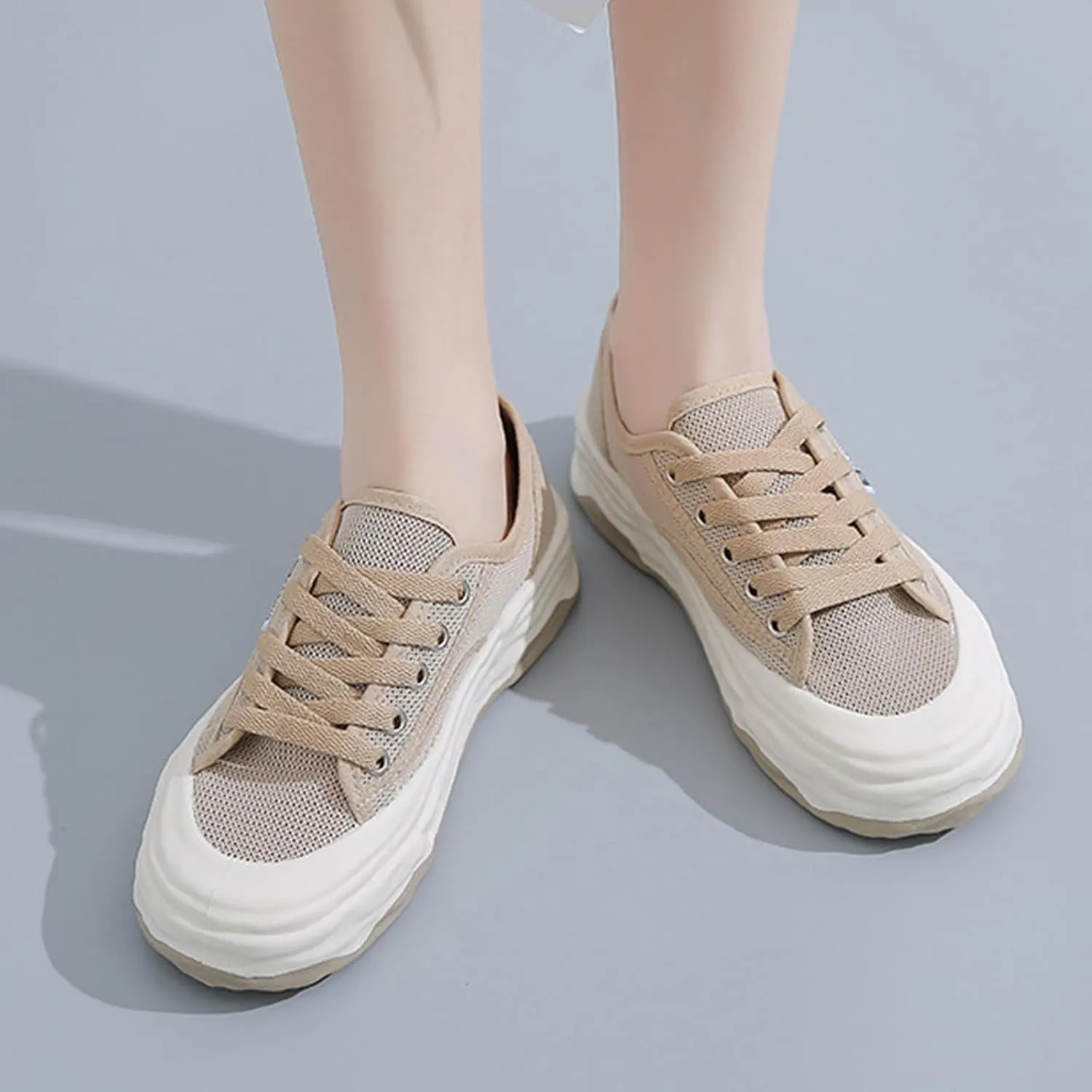 Women's Mesh Cutout Cloth Platform Sneakers Fashion Round Toe Comfort Breathable Lace Up Chunky Increase Casual Walking Sport Shoes for Work Workout