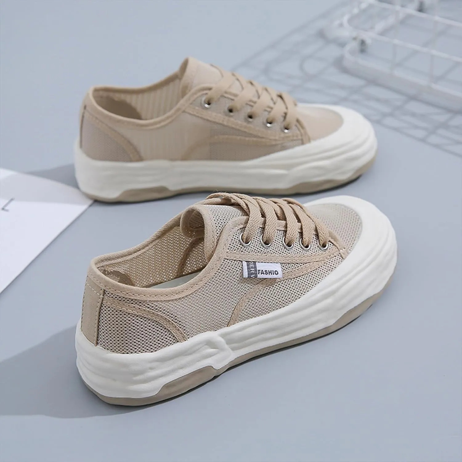 Women's Mesh Cutout Cloth Platform Sneakers Fashion Round Toe Comfort Breathable Lace Up Chunky Increase Casual Walking Sport Shoes for Work Workout