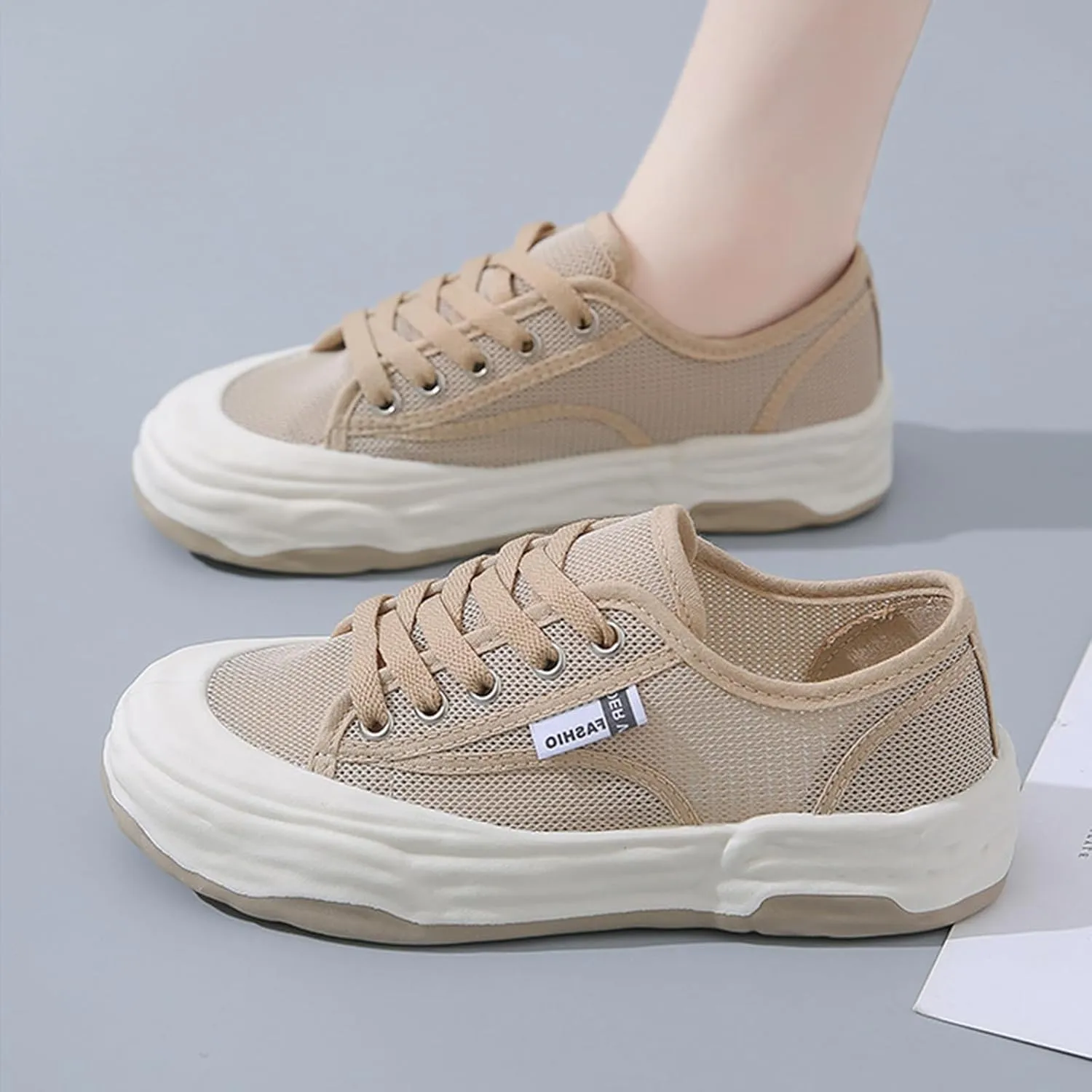 Women's Mesh Cutout Cloth Platform Sneakers Fashion Round Toe Comfort Breathable Lace Up Chunky Increase Casual Walking Sport Shoes for Work Workout