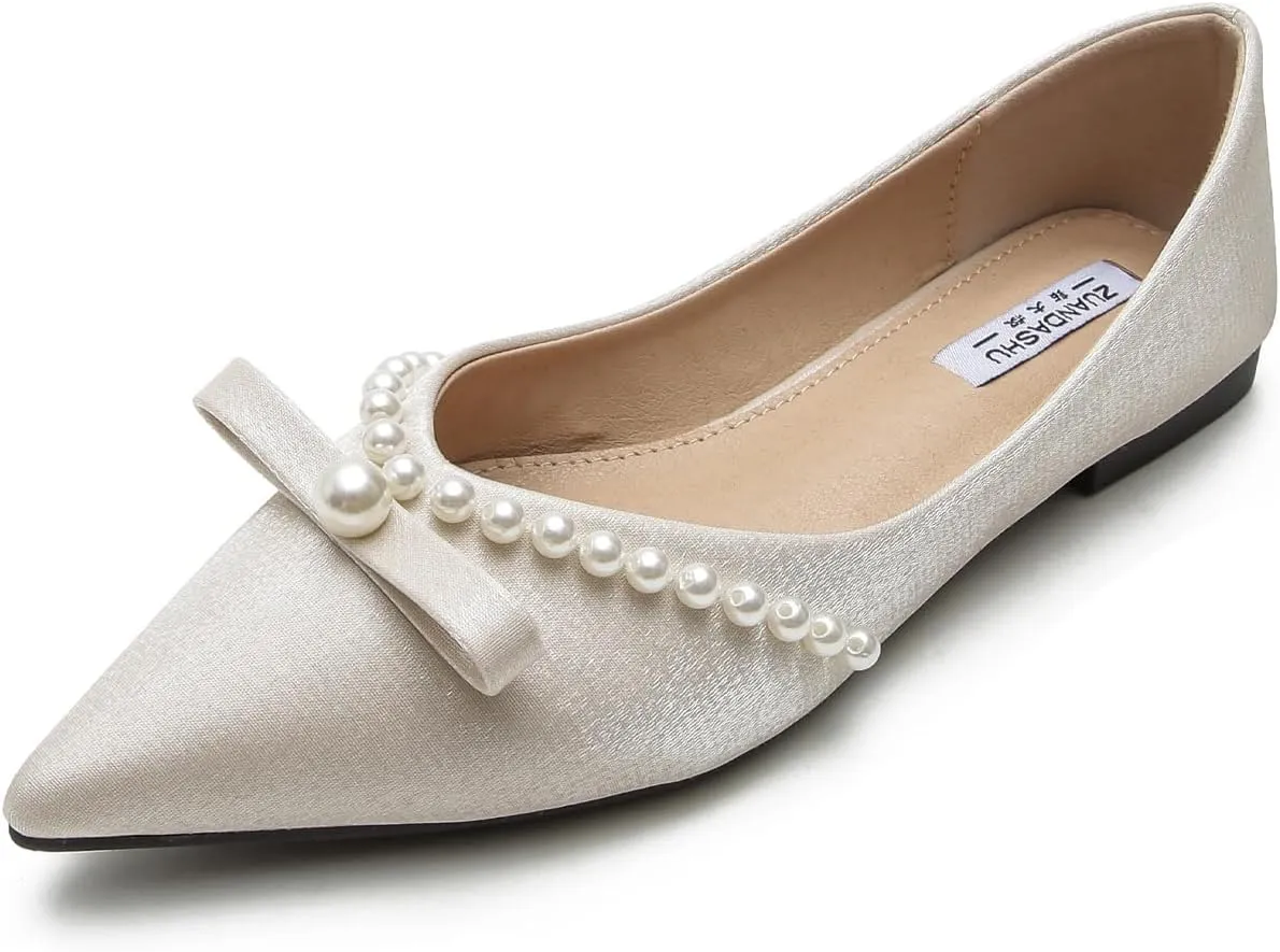 Women's Pearl Decoration Satin Flats Fashion Pointed Toe Bow Slip-on Flat Shoes Low top Comfortable Dress Shoes