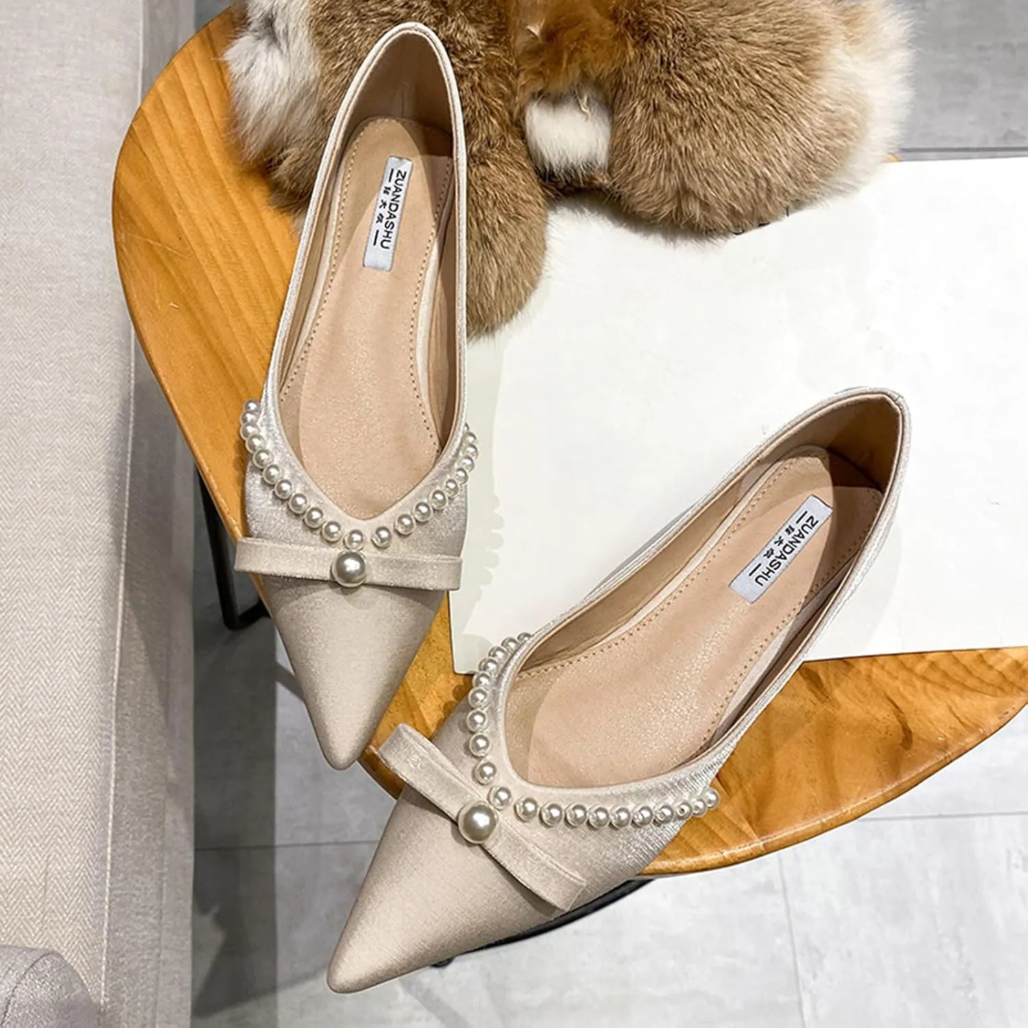 Women's Pearl Decoration Satin Flats Fashion Pointed Toe Bow Slip-on Flat Shoes Low top Comfortable Dress Shoes