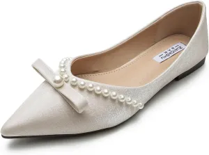 Women's Pearl Decoration Satin Flats Fashion Pointed Toe Bow Slip-on Flat Shoes Low top Comfortable Dress Shoes