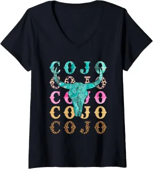 Womens Retro Cojo Johnson Bull Skull Music Country 70s Cowboys Boot V-Neck T-Shirt