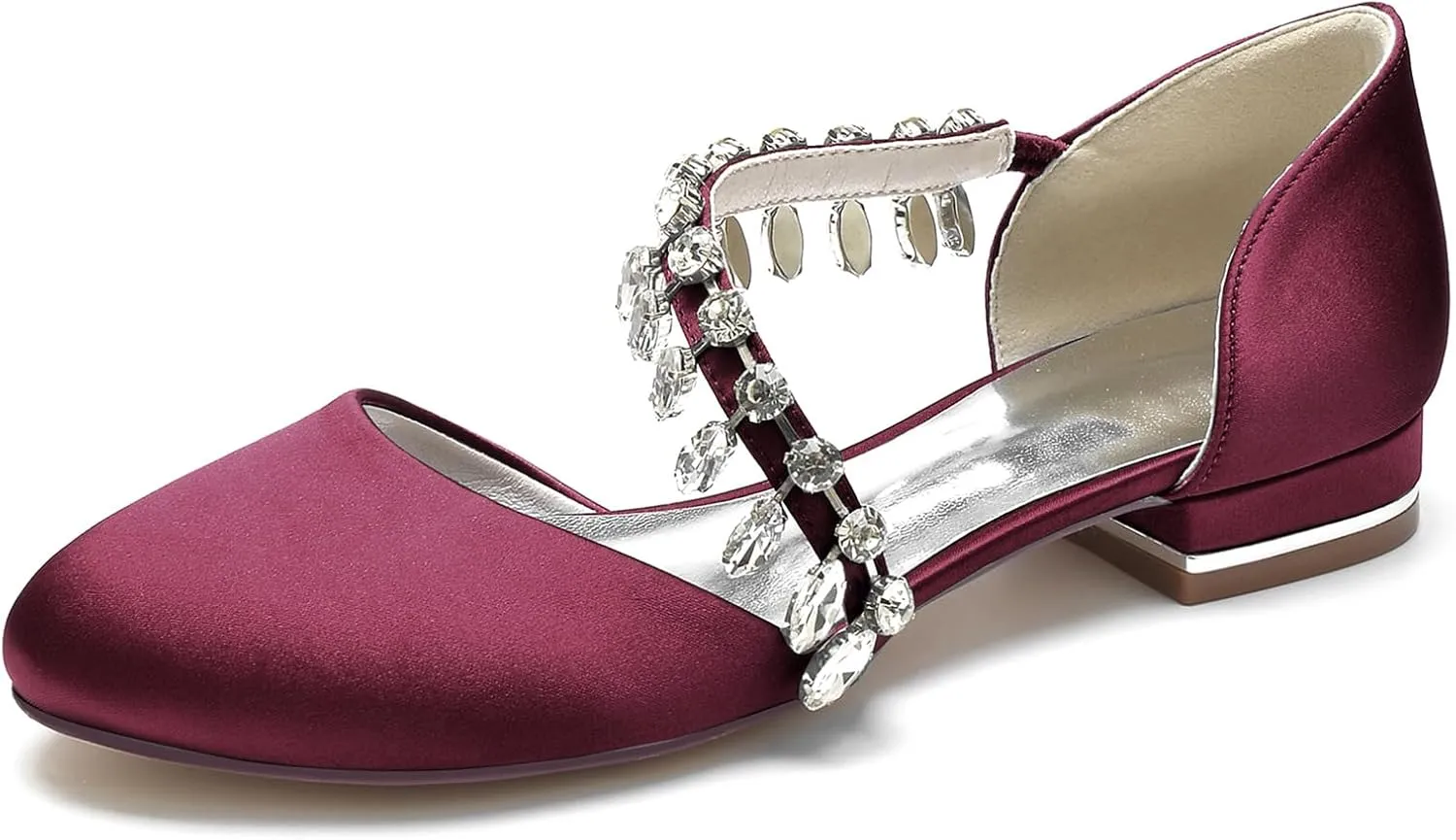 Women's Satin Wedding Shoes Closed Toe Rhinestone Strap Flat Bridal Shoes Party Prom Dress Pumps Sandals