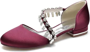 Women's Satin Wedding Shoes Closed Toe Rhinestone Strap Flat Bridal Shoes Party Prom Dress Pumps Sandals