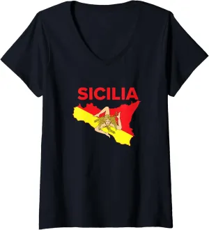 Womens Sicilian Pride - Map of Sicily Trinacria V-Neck T-Shirt