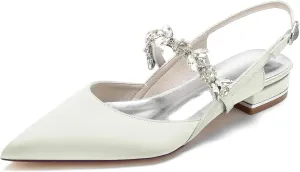 Women's Slingback Satin Wedding Flats Rhinestone Bridal Shoes Pointed Toe Prom Evening Bridal Party Dress Flats