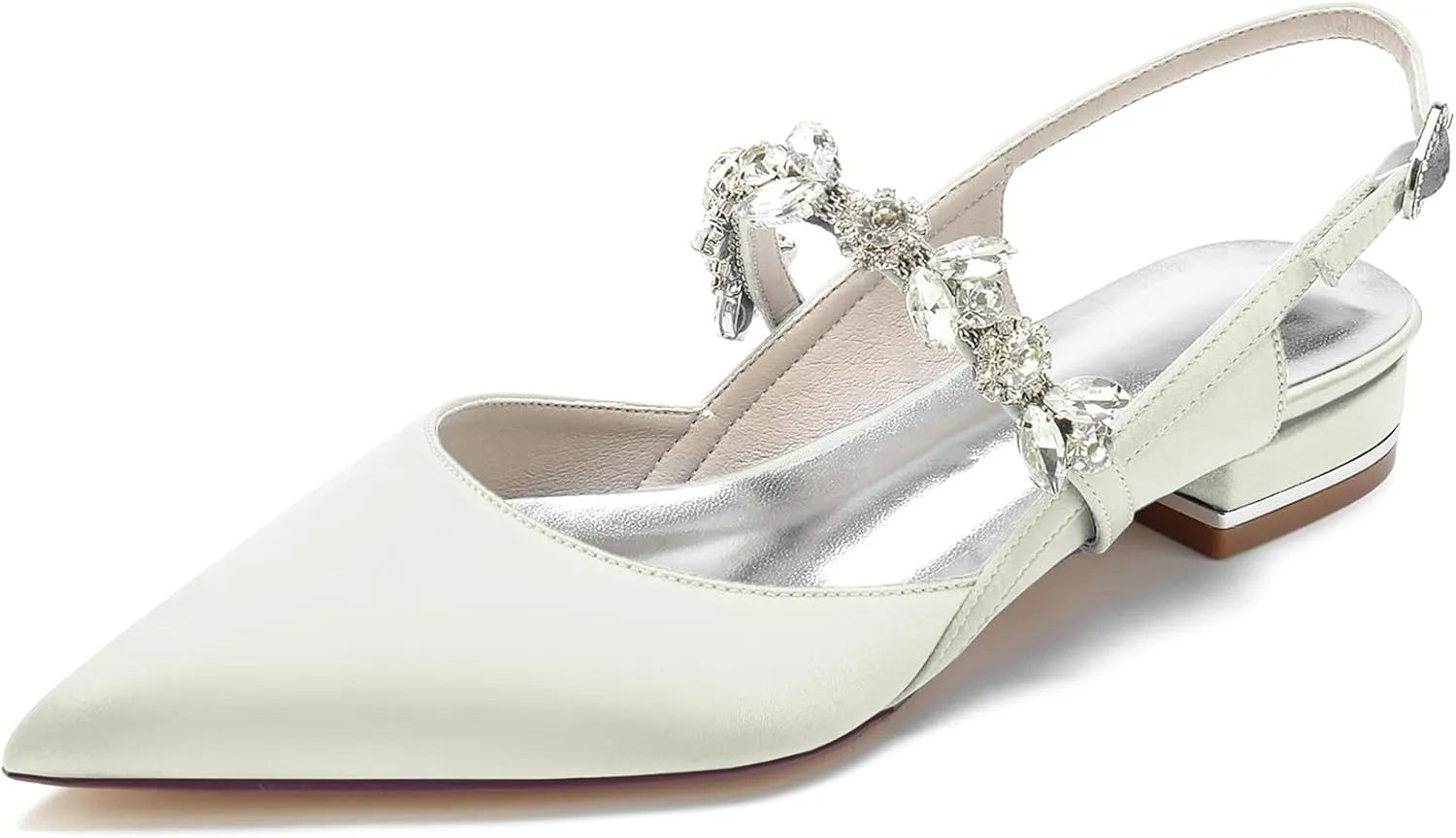 Women's Slingback Satin Wedding Flats Rhinestone Bridal Shoes Pointed Toe Prom Evening Bridal Party Dress Flats