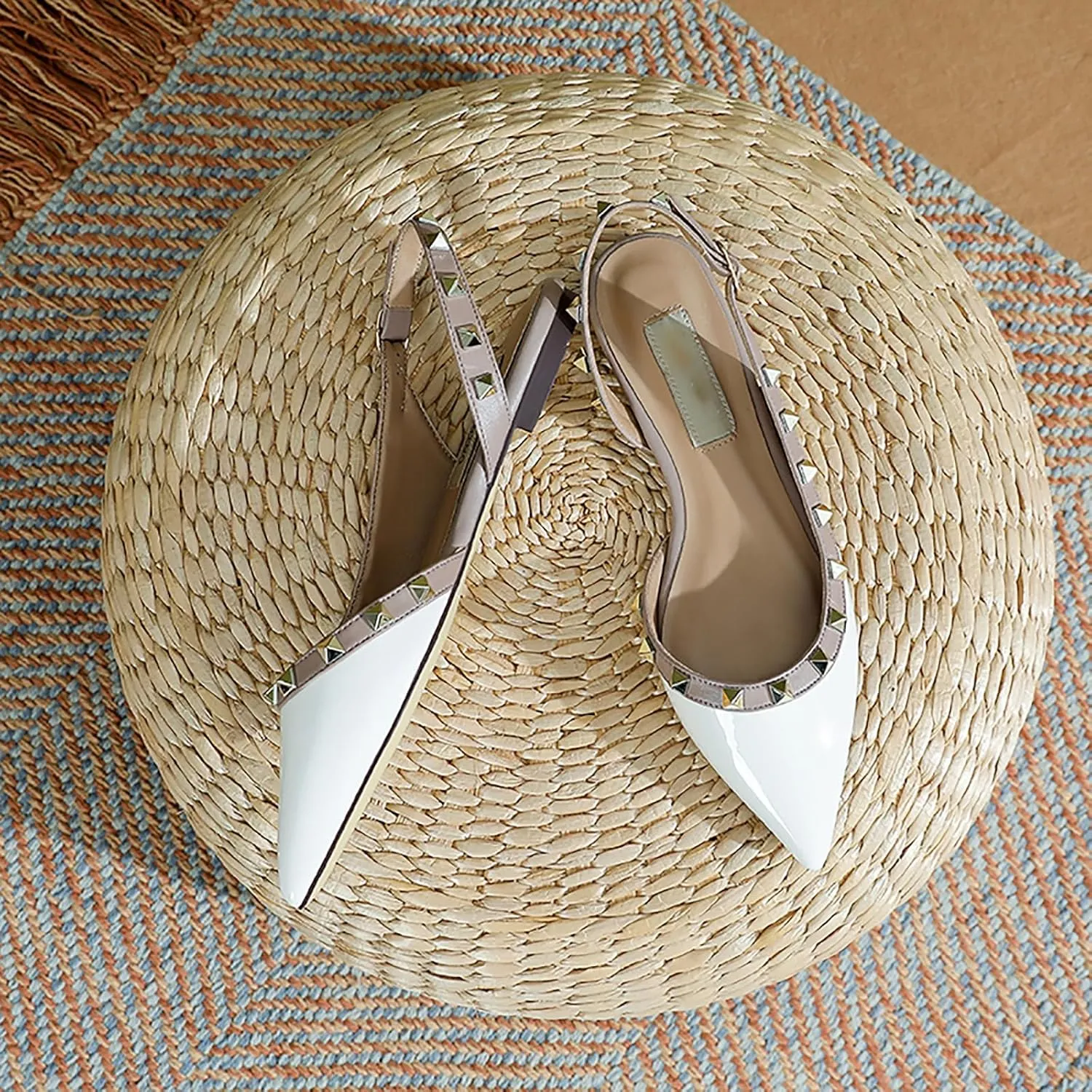 Women's Studded Closed Pointed Toe Mary Jane Flat Shoes Fashion Rivet Adjustable Buckle Comfortable Slip-on Ballet Flats Office Work Dress Shoes