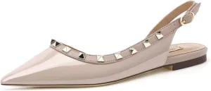 Women's Studded Closed Pointed Toe Mary Jane Flat Shoes Fashion Rivet Adjustable Buckle Comfortable Slip-on Ballet Flats Office Work Dress Shoes