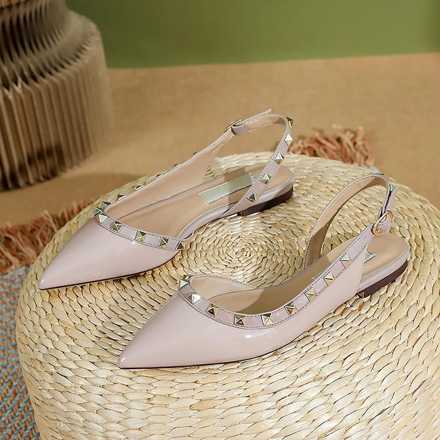 Women's Studded Closed Pointed Toe Mary Jane Flat Shoes Fashion Rivet Adjustable Buckle Comfortable Slip-on Ballet Flats Office Work Dress Shoes