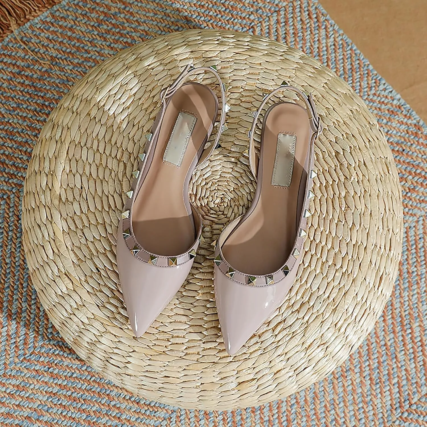 Women's Studded Closed Pointed Toe Mary Jane Flat Shoes Fashion Rivet Adjustable Buckle Comfortable Slip-on Ballet Flats Office Work Dress Shoes