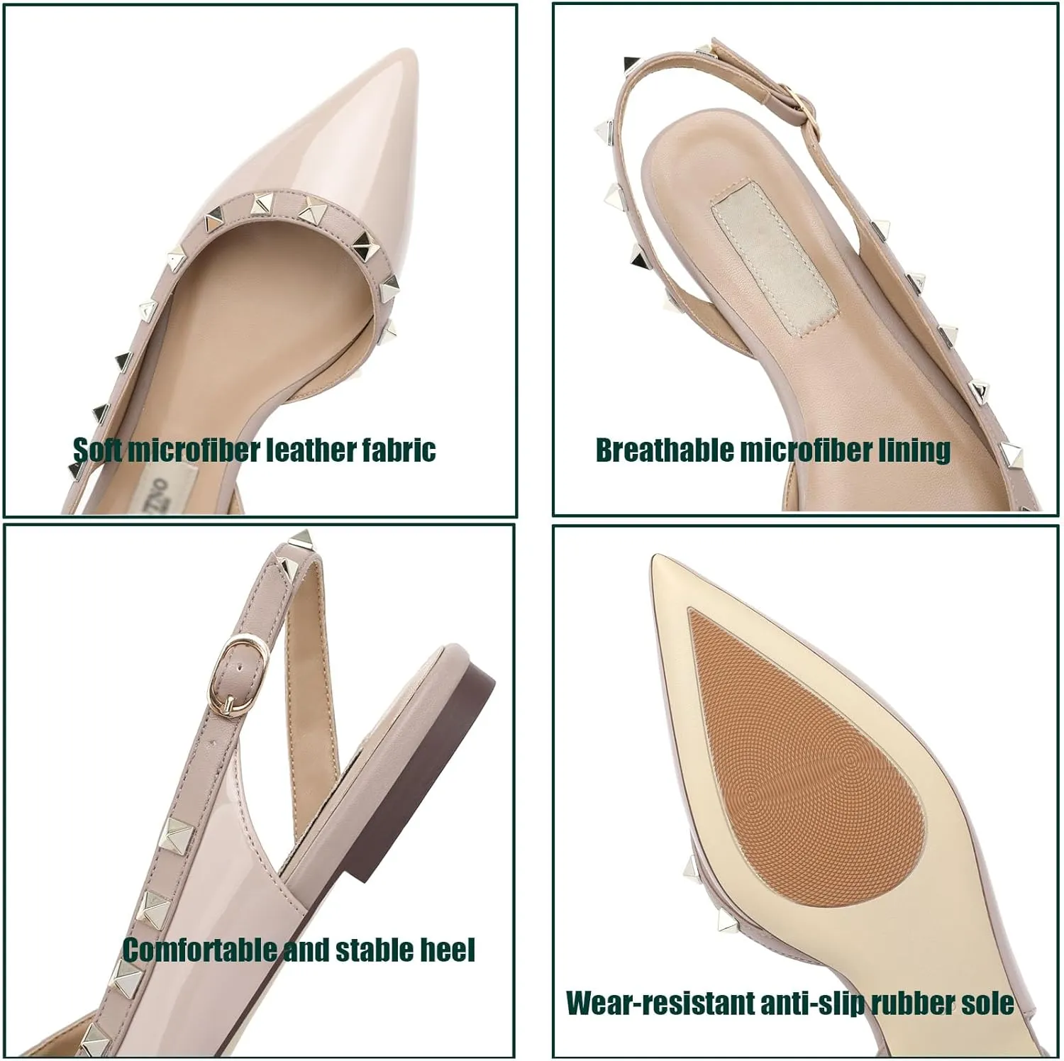 Women's Studded Closed Pointed Toe Mary Jane Flat Shoes Fashion Rivet Adjustable Buckle Comfortable Slip-on Ballet Flats Office Work Dress Shoes