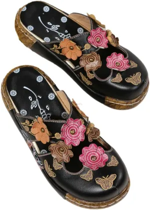 Women's Wedge Mule Shoes, Flower Decor Cut-Out Floral Print Slide Sandals, Tribal Style Slip On Shoes