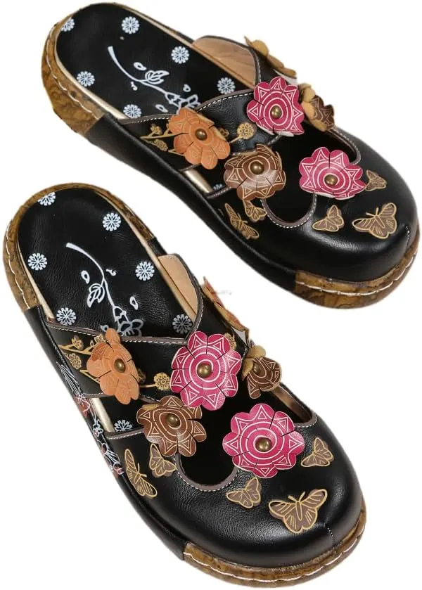Women's Wedge Mule Shoes, Flower Decor Cut-Out Floral Print Slide Sandals, Tribal Style Slip On Shoes