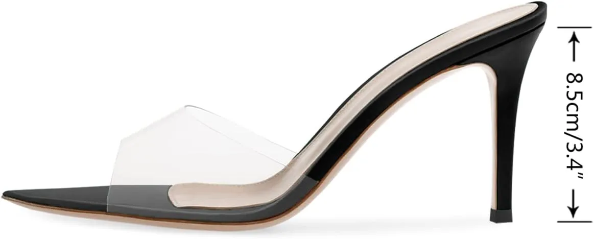 XINIUNIU Clear Mules for Women Heeled Sandals Pointed Open Toe Transparent Stilettos 3.5 inch Backless Slip On Dress Shoes for Party Wedding