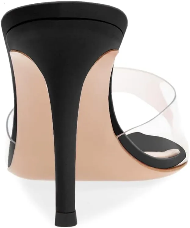 XINIUNIU Clear Mules for Women Heeled Sandals Pointed Open Toe Transparent Stilettos 3.5 inch Backless Slip On Dress Shoes for Party Wedding