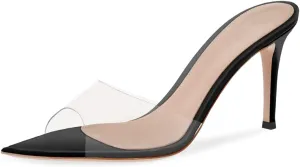 XINIUNIU Clear Mules for Women Heeled Sandals Pointed Open Toe Transparent Stilettos 3.5 inch Backless Slip On Dress Shoes for Party Wedding