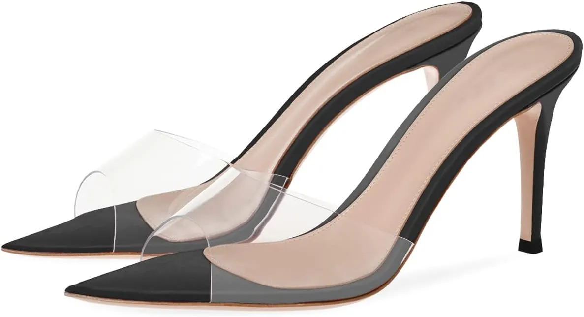 XINIUNIU Clear Mules for Women Heeled Sandals Pointed Open Toe Transparent Stilettos 3.5 inch Backless Slip On Dress Shoes for Party Wedding