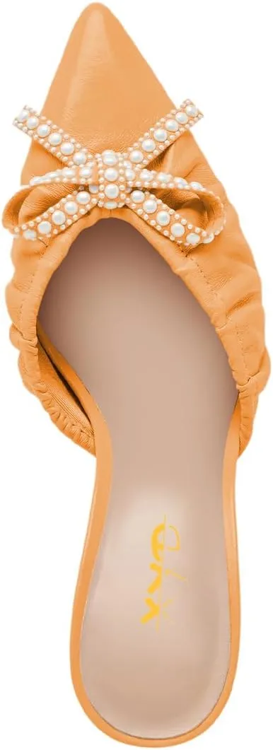 XYD Women Pearl Bowknot Pointed Toe Mid Heel Mules V-Cut Closed Toe Slip-on Sandal Pumps for Wedding Bridal Shoes