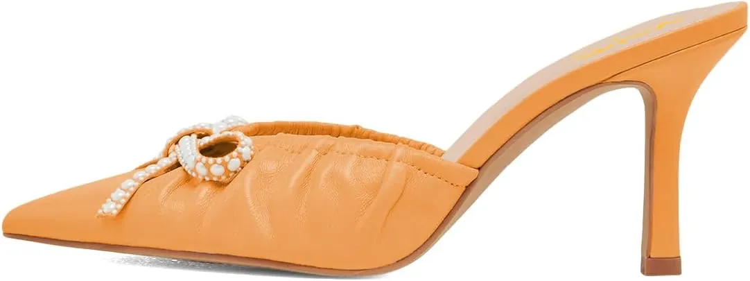 XYD Women Pearl Bowknot Pointed Toe Mid Heel Mules V-Cut Closed Toe Slip-on Sandal Pumps for Wedding Bridal Shoes
