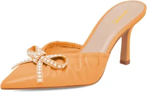 XYD Women Pearl Bowknot Pointed Toe Mid Heel Mules V-Cut Closed Toe Slip-on Sandal Pumps for Wedding Bridal Shoes
