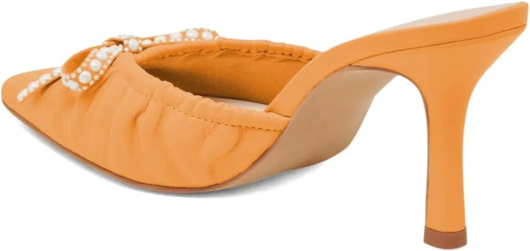 XYD Women Pearl Bowknot Pointed Toe Mid Heel Mules V-Cut Closed Toe Slip-on Sandal Pumps for Wedding Bridal Shoes