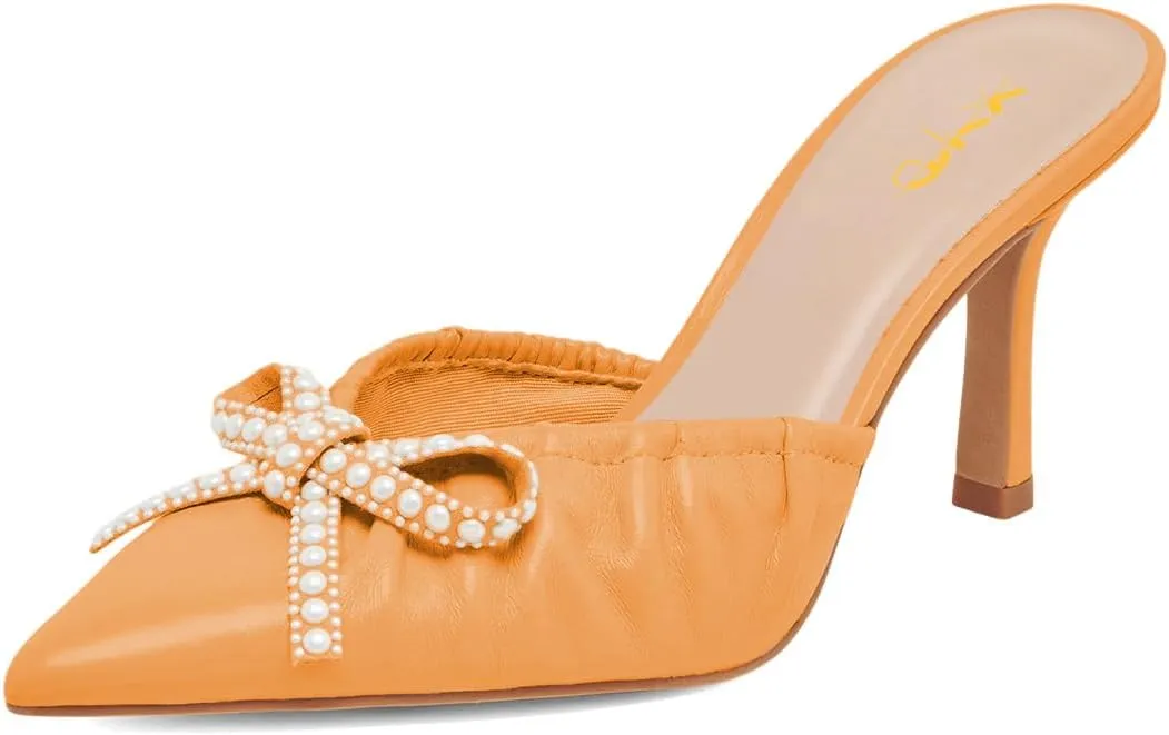 XYD Women Pearl Bowknot Pointed Toe Mid Heel Mules V-Cut Closed Toe Slip-on Sandal Pumps for Wedding Bridal Shoes