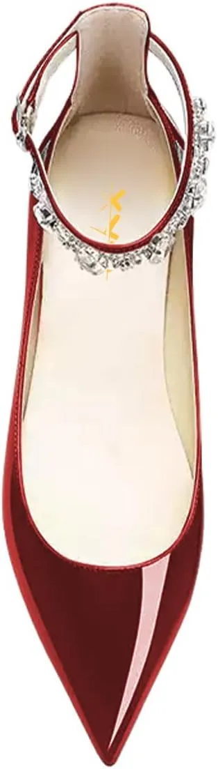 XYD Women Pointed Closed Toe Crystal Ankle Strap Flats Patent Leather Rhinestones Dating Comfy Shoes
