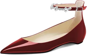 XYD Women Pointed Closed Toe Crystal Ankle Strap Flats Patent Leather Rhinestones Dating Comfy Shoes