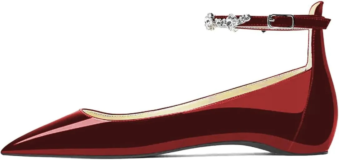 XYD Women Pointed Closed Toe Crystal Ankle Strap Flats Patent Leather Rhinestones Dating Comfy Shoes