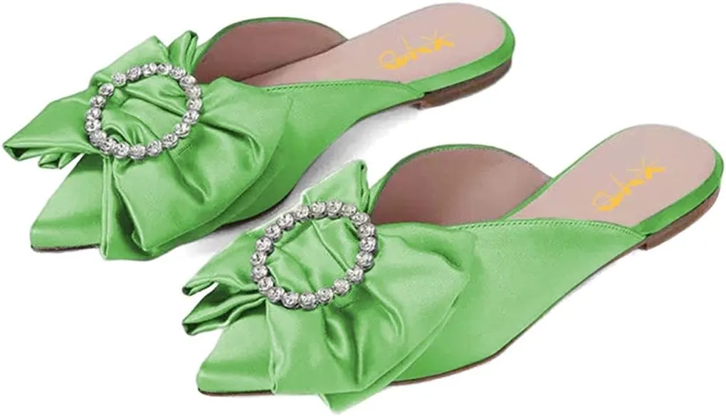 XYD Women Rhinestone Buckle Bowknot Closed Pointed Toe Mule Flats Easy Slip On Low Heel Sandals Satin Dress Evening Casual Shoes