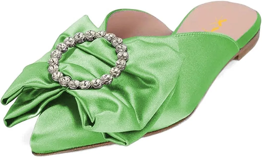 XYD Women Rhinestone Buckle Bowknot Closed Pointed Toe Mule Flats Easy Slip On Low Heel Sandals Satin Dress Evening Casual Shoes