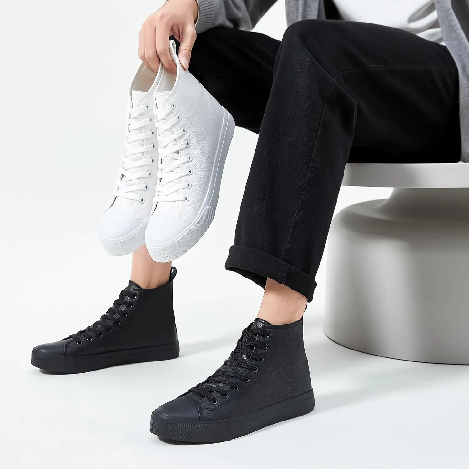 yageyan Men’s Black high top Leather Sneakers for Men lace up Casual Comfortable Shoes