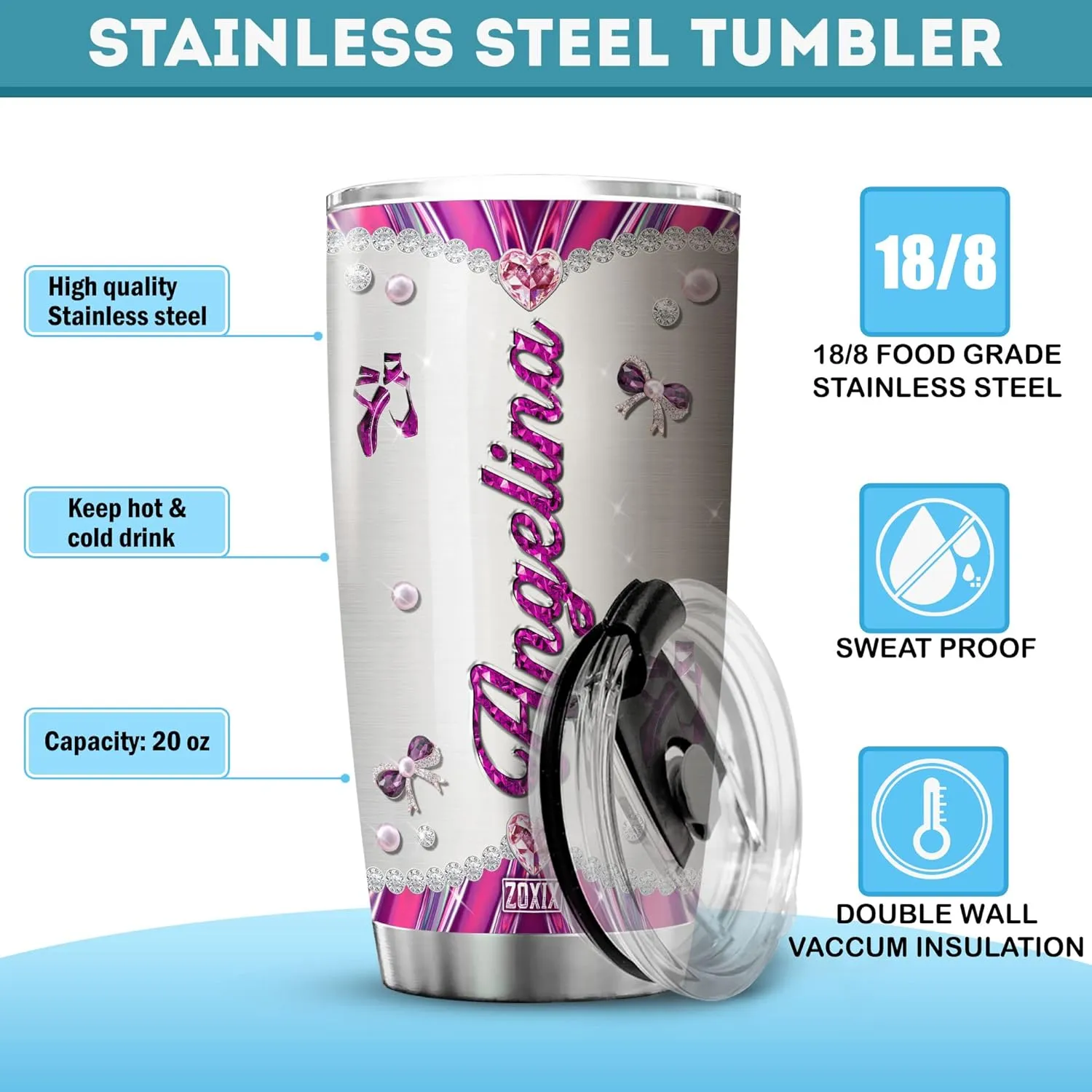 ZOXIX Dancing Tumbler With Name Stainless Steel Travel Mug 20oz Jewelry Style Ballet Dancer Gifts For Girls Birthday Present For Her Insulated Custom Coffee Cup Dance Lover Gift